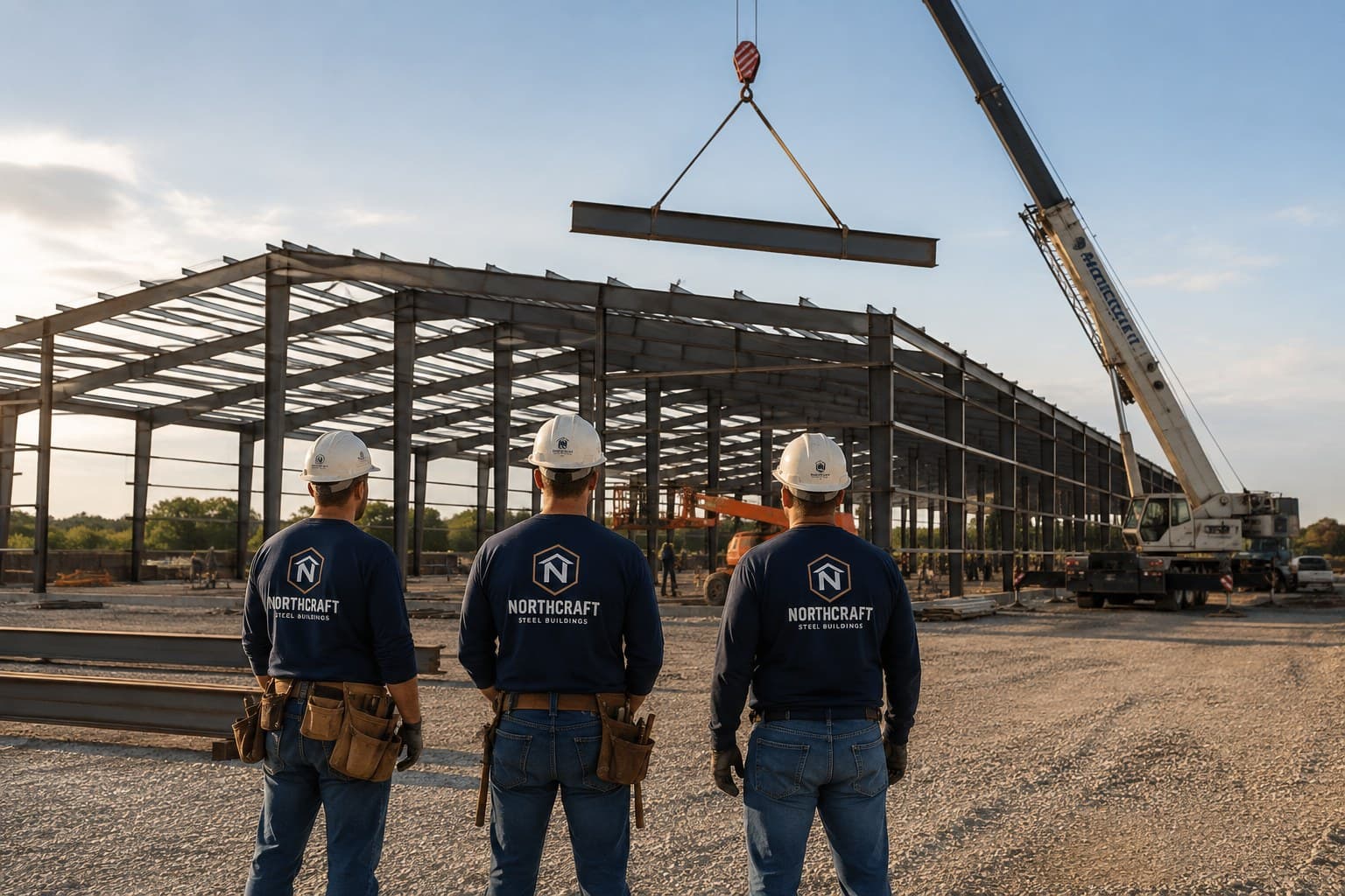 A crane setting a steel beam on a building erection site.